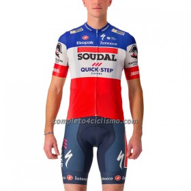 Completo Maglia + Pantaloncino con bretelle 2023 Soudal Quick-Step Campione Francese Manica Corta Rosso Blu Bianco